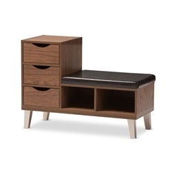 Baxton Studio Arielle Modern and Contemporary Walnut Brown Wood 3-Drawer Shoe Storage Padded Leatherette Seating Bench with Two Open Shelves